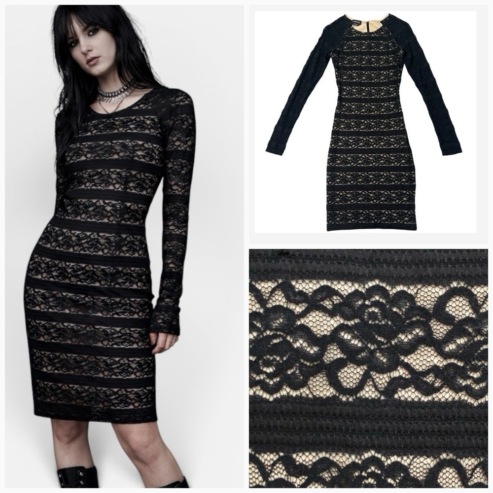 VTG Bebe Black Lace Overlay Bodycon Mini dress Y2K Fairygoth Long Slveeve sz XS